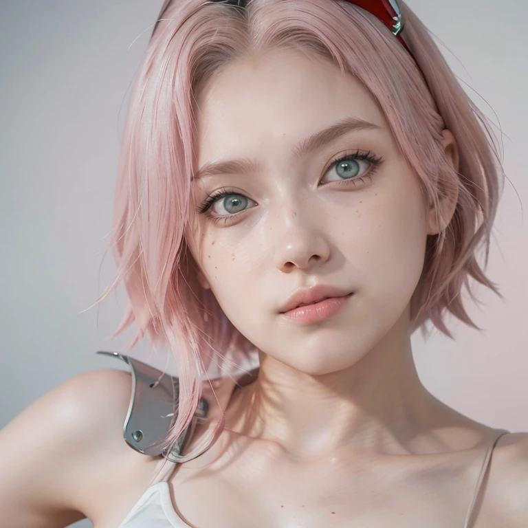 young woman, short shoulder-length pink hair, wide forehead, porcelain skin, pink eyebrows, big emerald green eyes, buttoned nose, full lips, heart-shaped face, slender body, small breasts, red tank top, Sakura Haruno , realistic, realism, details, 3d, well detailed
