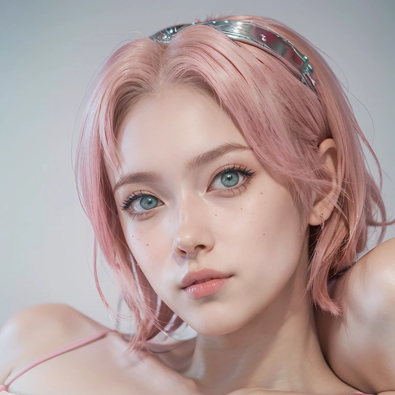young woman, short shoulder-length pink hair, wide forehead, porcelain skin, pink eyebrows, big emerald green eyes, buttoned nose, full lips, heart-shaped face, slender body, small breasts, red tank top, Sakura Haruno , realistic, realism, details, 3d, well detailed