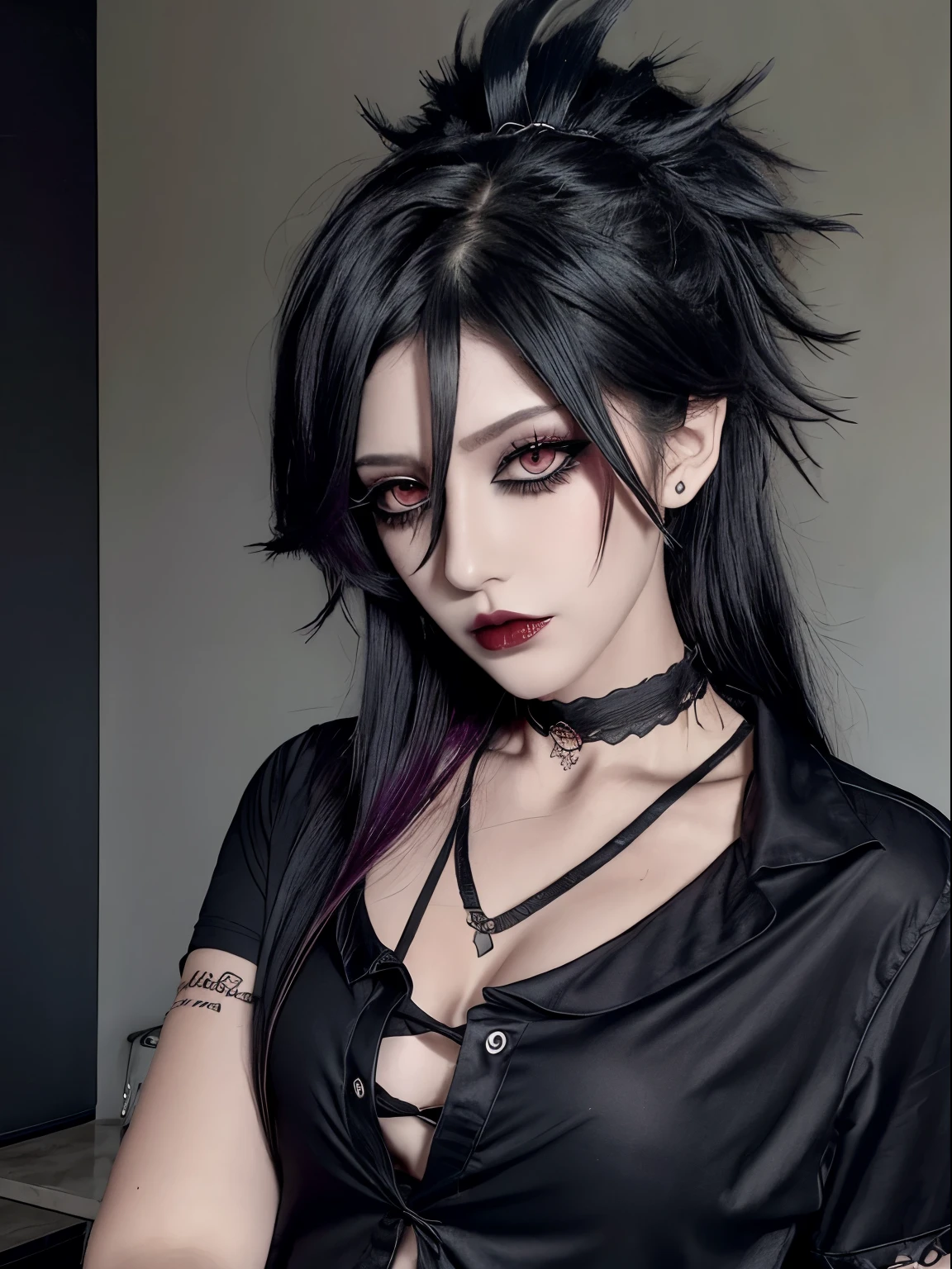 1girl, black hair, goth punk, messy hair, bedhead, black collared shirt, red tie, eyeshadow, mascara, smoky eyes, eyeliner, breasts, modern house, choker