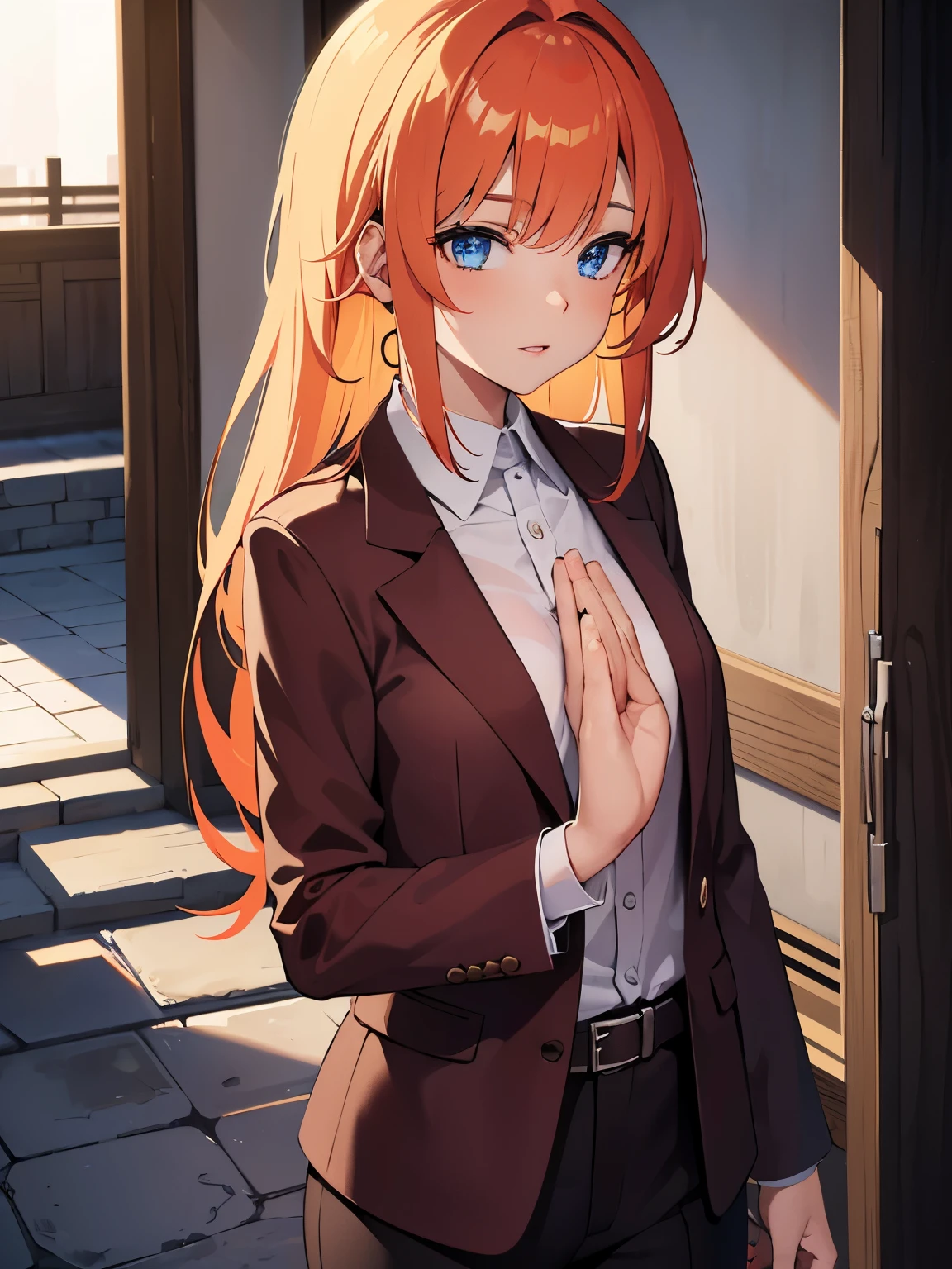 Shrine/Temple curi inside hair orange hair super shiny detailed blue eyes facing this way full lips rouge Delighted usually shiny skin praying hands business suit