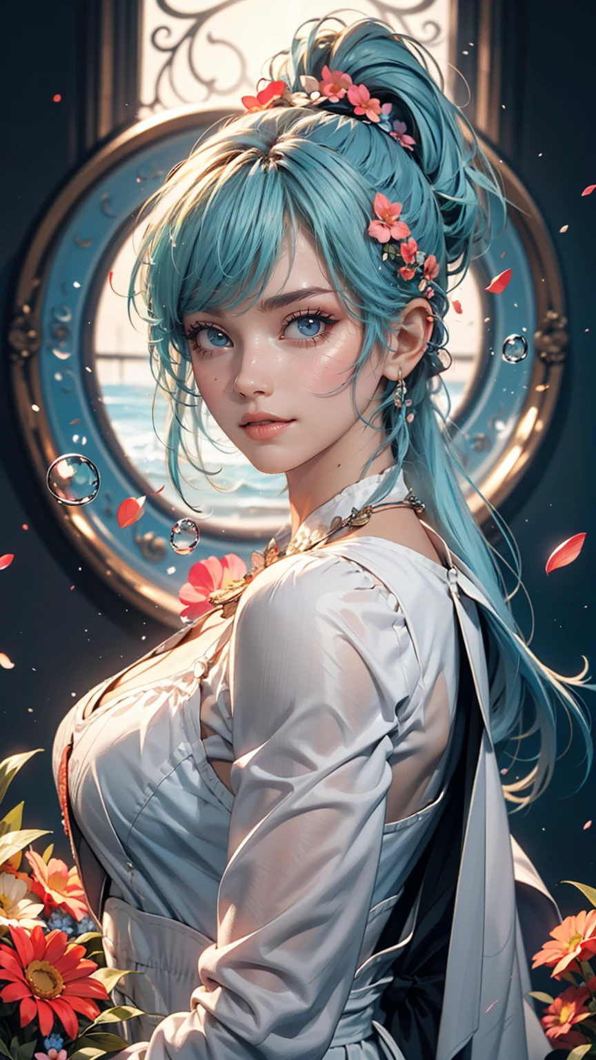 (masterpiece), (highest quality), (Super detailed),(Disheveled Hair),(figure), (One girl), (Fashionable clothes), Are standing, Fashion Model, View Viewer, (interview), (Simple Background),Beautiful fine details, Delicate and beautiful face, floating,(High chroma),(Colorful splashes),Colorful Bubbles,(The Shining), Focus on the face, ponytail, kamisato ayaka, Light blue hair, bangs, Hair Ring, Floating Flowers, Floating hair, (The Shining), Best lighting, Best Shadow,