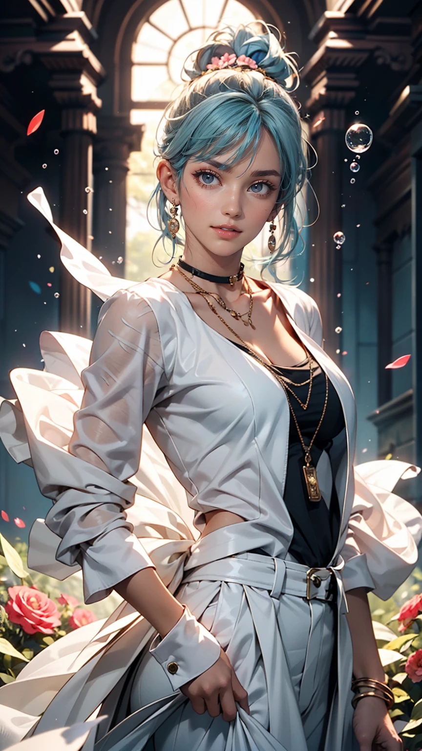 (masterpiece), (highest quality), (Super detailed),(Disheveled Hair),(figure), (One girl), (Fashionable clothes), Are standing, Fashion Model, View Viewer, (interview), (Simple Background),Beautiful fine details, Delicate and beautiful face, floating,(High chroma),(Colorful splashes),Colorful Bubbles,(The Shining), Focus on the face, ponytail, kamisato ayaka, Light blue hair, bangs, Hair Ring, Floating Flowers, Floating hair, (The Shining), Best lighting, Best Shadow,