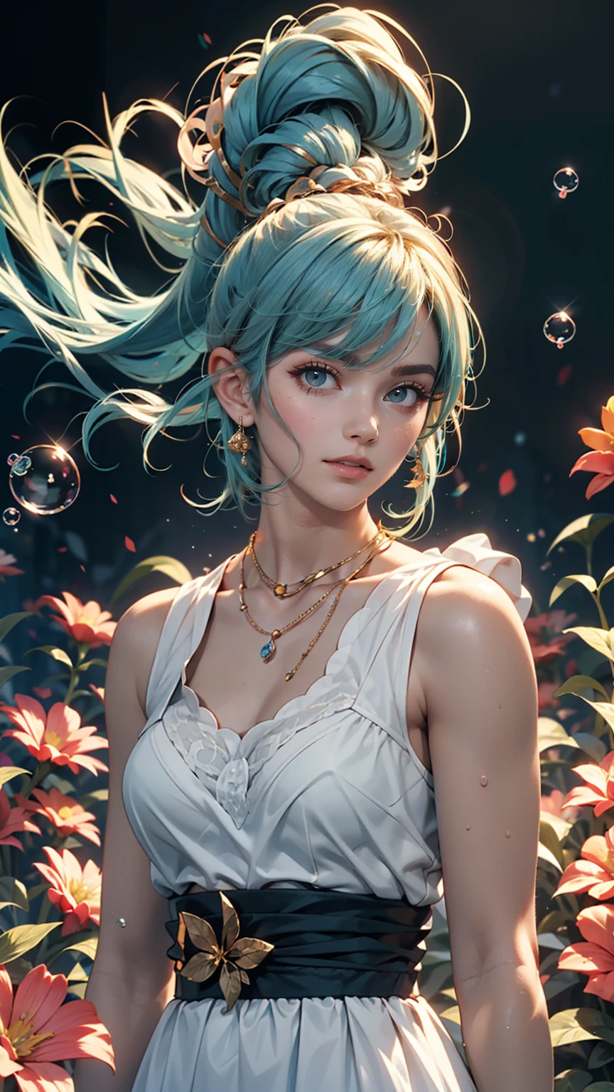 (masterpiece), (highest quality), (Super detailed),(Disheveled Hair),(figure), (One girl), (Fashionable clothes), Are standing, Fashion Model, View Viewer, (interview), (Simple Background),Beautiful fine details, Delicate and beautiful face, floating,(High chroma),(Colorful splashes),Colorful Bubbles,(The Shining), Focus on the face, ponytail, kamisato ayaka, Light blue hair, bangs, Hair Ring, Floating Flowers, Floating hair, (The Shining), Best lighting, Best Shadow,