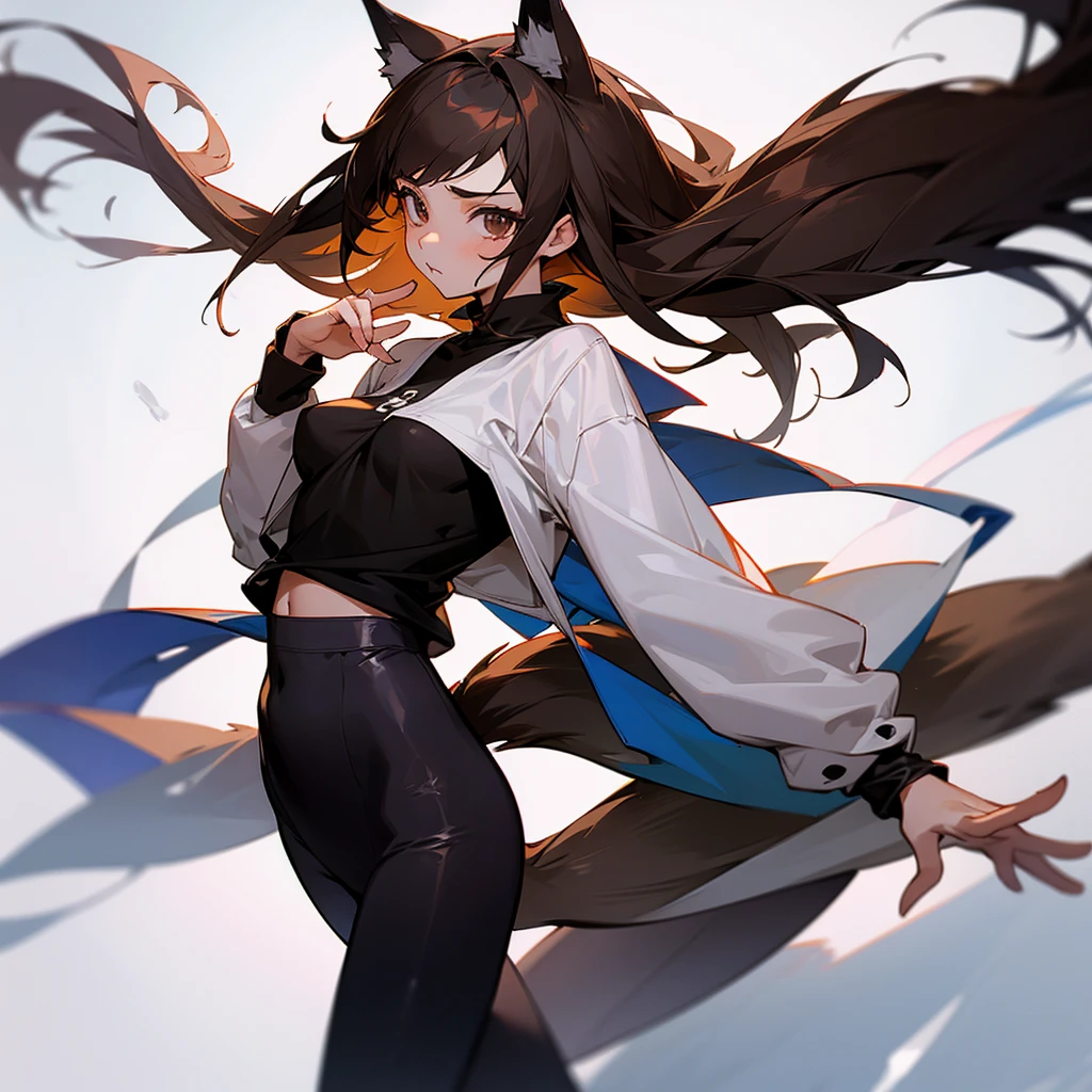 An anime style image with these characteristics:a teenage girl with brown hair with black tips, with ears and tail of a wolf, con muchos accesorios en el cuello, She has a short shirt up to her chest with nothing below and she has transparent leggings on her legs. She also has a mini skirt and she is in a very provocative pose and she has many, many breasts.