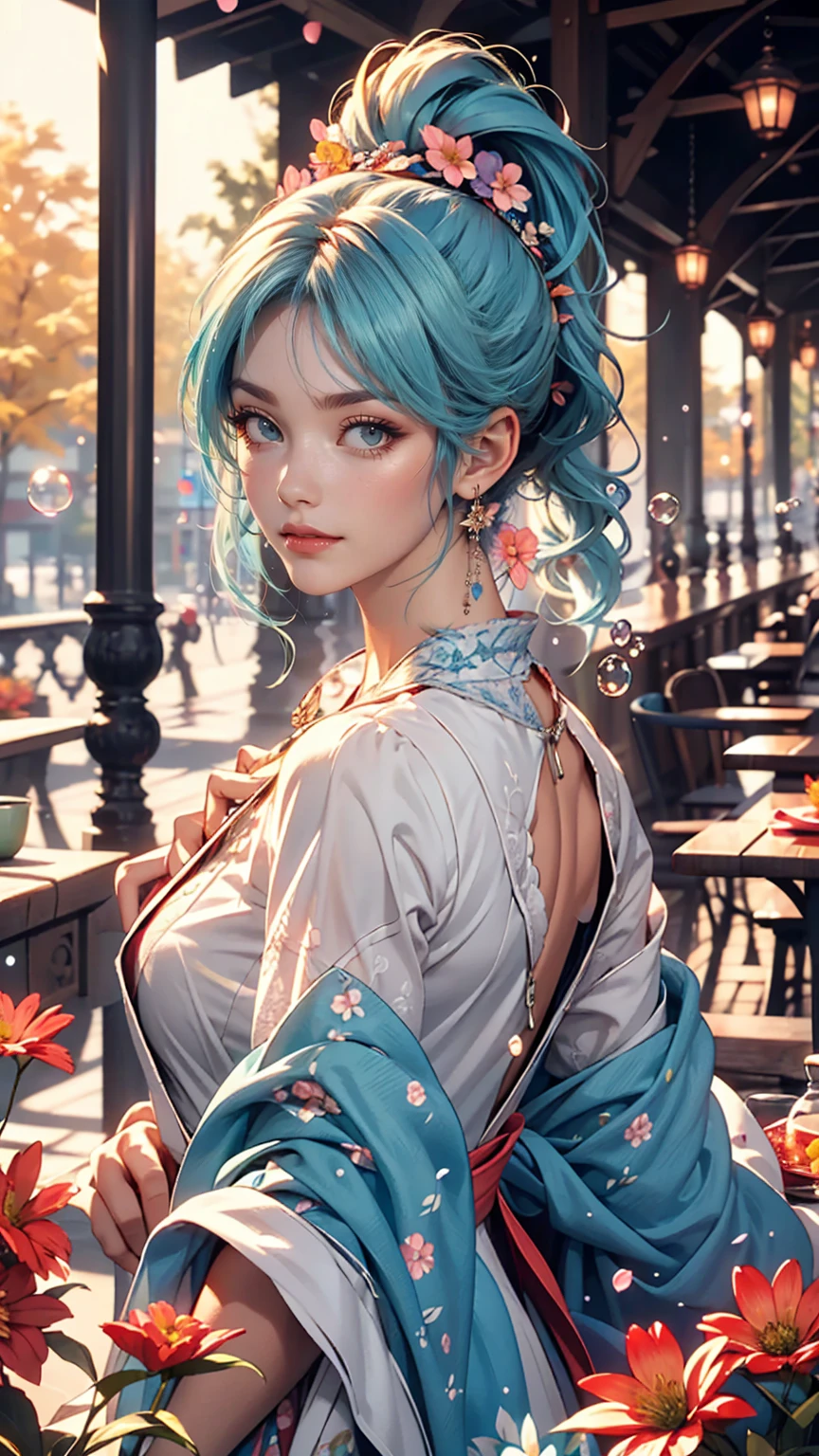 (masterpiece), (highest quality), (Super detailed),(Disheveled Hair),(figure), (One girl), (Fashionable clothes), Are standing, Fashion Model, View Viewer, (interview), (Simple Background),Beautiful fine details, Delicate and beautiful face, floating,(High chroma),(Colorful splashes),Colorful Bubbles,(The Shining), Focus on the face, ponytail, kamisato ayaka, Light blue hair, bangs, Hair Ring, Floating Flowers, Floating hair, (The Shining), Best lighting, Best Shadow,