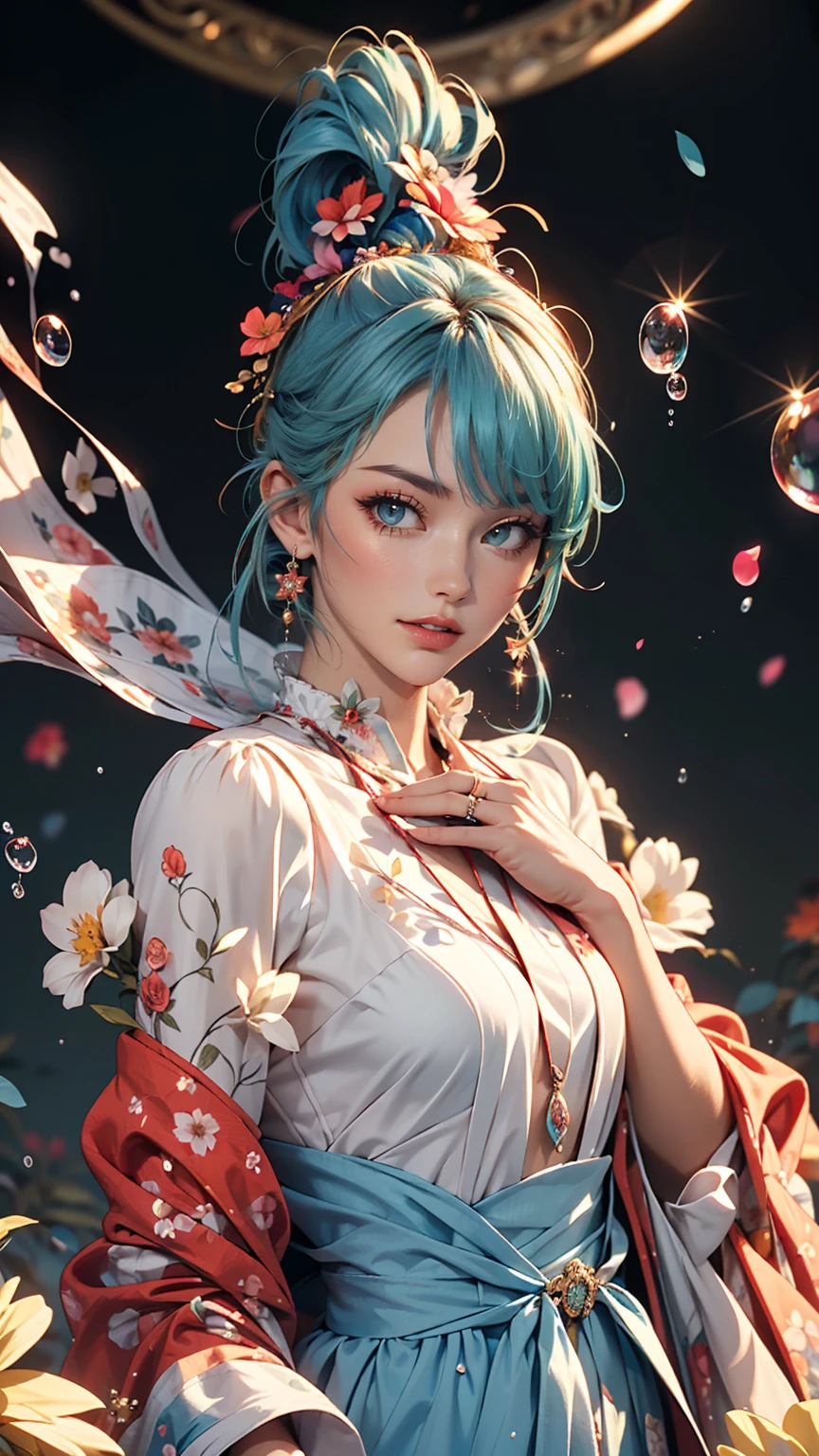 (masterpiece), (best quality), (ultra detailed),(disheveled hair),(illustration), (1girl), (Fashionable clothing), standing, Fashion model, looking at viewer, (interview), (simple background),beautiful detailed eyes, delicate beautiful face, Floating,(high saturation),(colorful splashes),colorful bubble,(shining), focus on face, ponytail, kamisato ayaka, light blue hair, bangs, hair ring, floating flowers, floating hairs, (shining), best lighting, best shadow,
