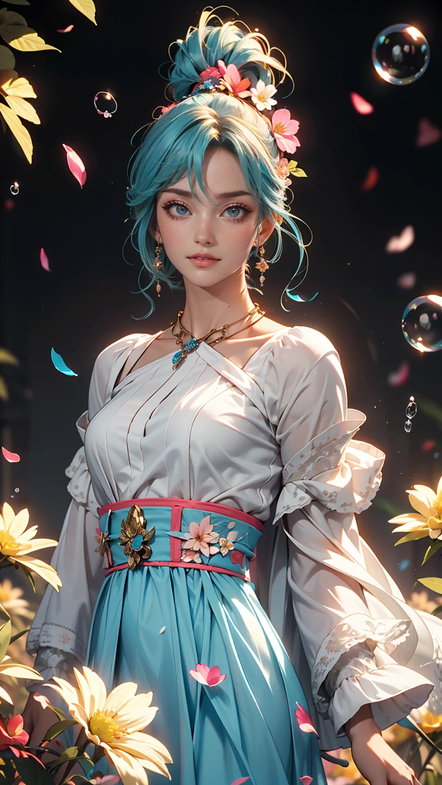 (masterpiece), (highest quality), (Super detailed),(Disheveled Hair),(figure), (One girl), (Fashionable clothes), Are standing, Fashion Model, View Viewer, (interview), (Simple Background),Beautiful fine details, Delicate and beautiful face, floating,(High chroma),(Colorful splashes),Colorful Bubbles,(The Shining), Focus on the face,  ponytail, kamisato ayaka, Light blue hair, bangs, Hair Ring, Floating Flowers, Floating hair, (The Shining), Best lighting, Best Shadow,