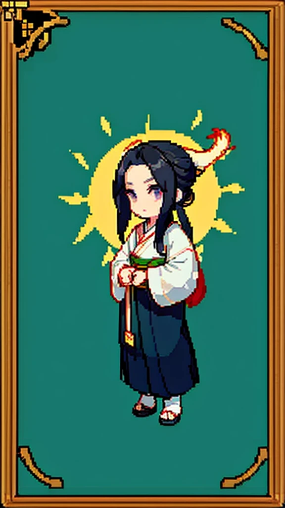 Old man in ancient Chinese costume、Wise Old Man、Looking into the camera、There is a topknot on the head、Long sleeve、Hanfu、Black Hair、Standing and posing with arms crossed、part your bangs in the middle、Pixel art、(masterpiece, highest quality, highest quality), pixel,pixel art,whole body,Characters in Romance of the Three Kingdoms、Transform、beard、Short Deformation