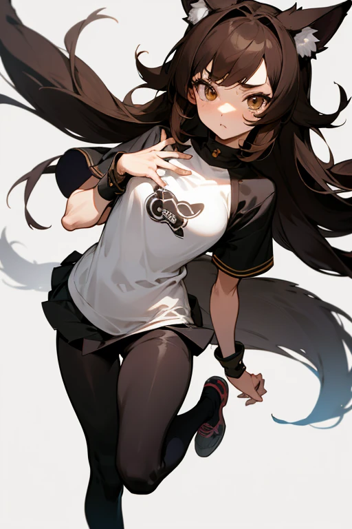An anime style image with these characteristics:a teenage girl with brown hair with black tips, with ears and tail of a wolf, con muchos accesorios en el cuello, She has a short shirt up to her chest with nothing below and she has transparent leggings on her legs. She also has a mini skirt and she is in a very provocative pose and she has many, many breasts.
