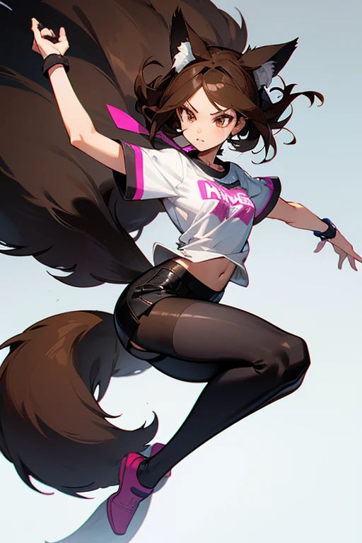An anime style image with these characteristics:a age girl with brown hair with black tips, with ears and tail of a wolf, con muchos accesorios en el cuello, She has a short shirt up to her chest with nothing below and she has transparent leggings on her legs. She also has a mini skirt and she is in a very provocative pose and she has many, many breasts.