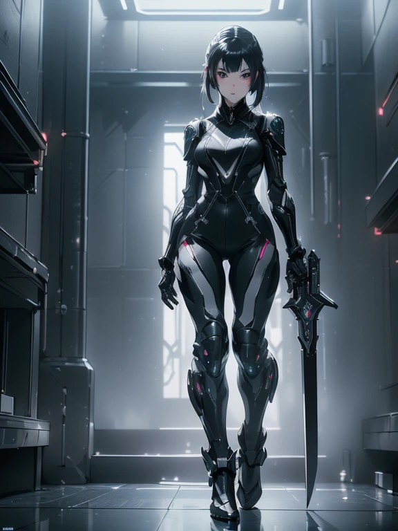 Design a layout showcase Gaming character, (1girl). Black+Silver clothes, sleek and modern, ((showcase weapon:1.4)), laser gun, (masterpiece:1.2), (best quality), 4k, ultra-detailed, (Step by step design, layout art:1.5), (neon lighting, cyber ambiance), cyberpunk, ((tech gloves)), (((revealing jumpsuit:1.3))), tech armor, combat boots, (((full_body_shot:1.4)))