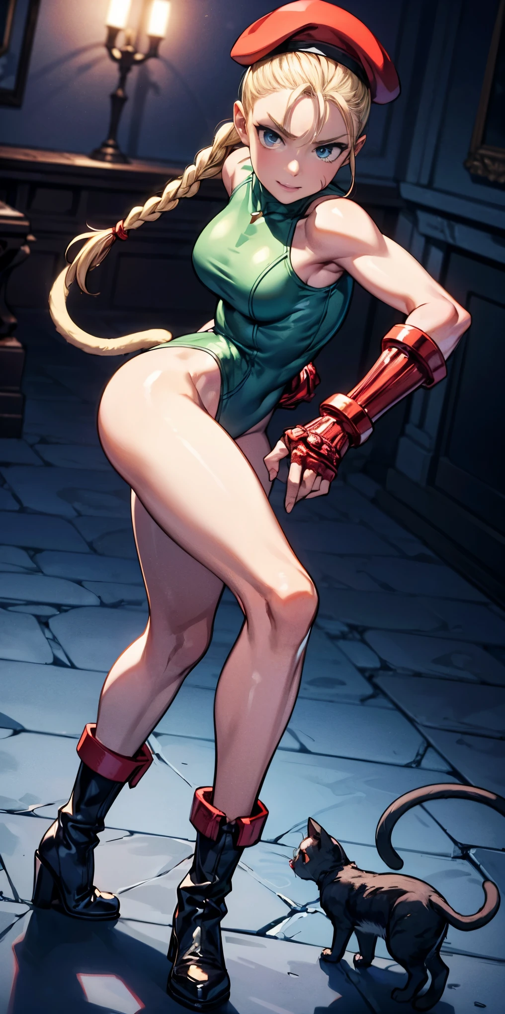 "(exquisitely detailed CG unity 8k wallpaper, masterpiece best quality with stunning realism, high res) (best illumination, best shadow) (elegant and demonic style:1.2) Arti modern anime, angled view, heroic pose, closeup full body portrait of stunningly beautiful mature cammy from street fighter, Cammy white, 2twins braids, long hair, blonde hair, antenna hair, beret, (red headwear:1.3), blue eyes, scar on cheek, green tight leotard, large breasts, sleeveless, red gloves, fingerless gloves, camouflage, hard, large ass, abs, a little muscular, revealing, depth of field blur effect, night, full zoom, action portrait, photorealistic. cinematic lighting, highly detailed. best quality, 4k, Better hand, perfect anatomy, leaning forward, foreshortening effects, coy flirty sexy expression, foreshortening effect (piercing eyes:0.8) surrounded by an ominous and dark atmosphere, accentuated by dramatic and striking lighting, imbued with a sense of surreal fantasy" (patting a small cat:1.5) wearing laced military boots:1.5) (inside an extravagant British castle at night:1.5) (happy and smiling:1) (crouching down:1)