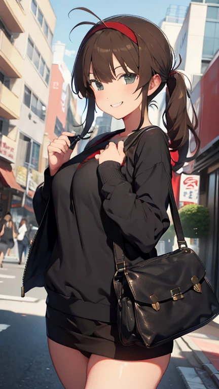 Ryoubi,Big Breasts,Black clothing,Skimpy clothing,Smiling expression,forest,Holding a bag in your hand,