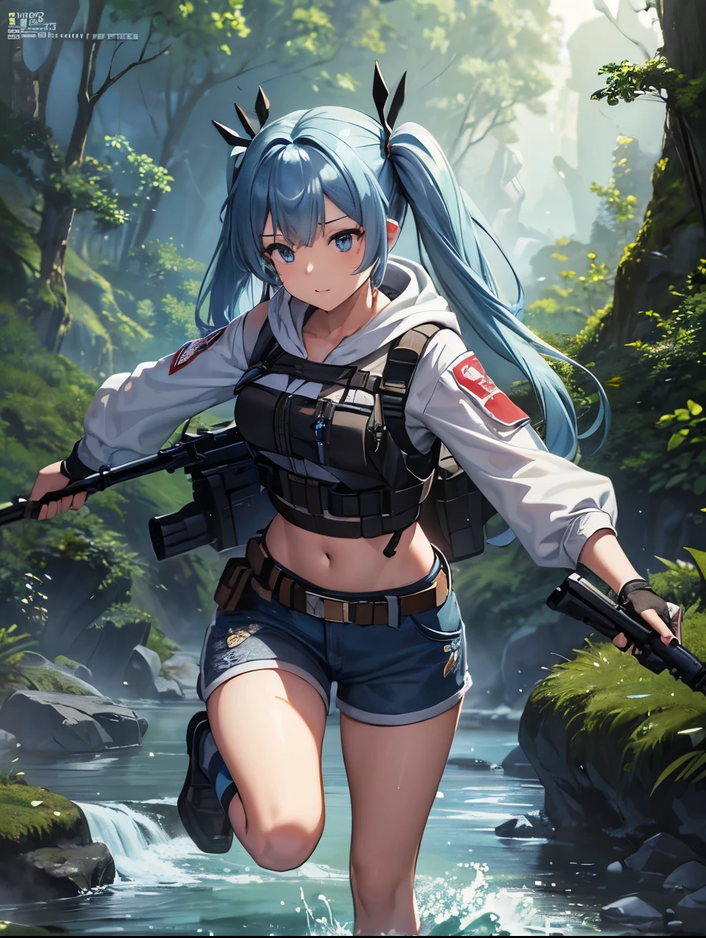 (masterpiece:1.3),(Very detailed:1.3),(High resolution:1.1),8k,highest quality,Super detailed,M249_Ticker,survival game、Light blue long hair、Twin tails、One girl,Crop top,No sleeve,Trenta Hood,Shorts,Fingerless gloves,Ammunition belt,Running through a mountain stream in the forest、Splash Art