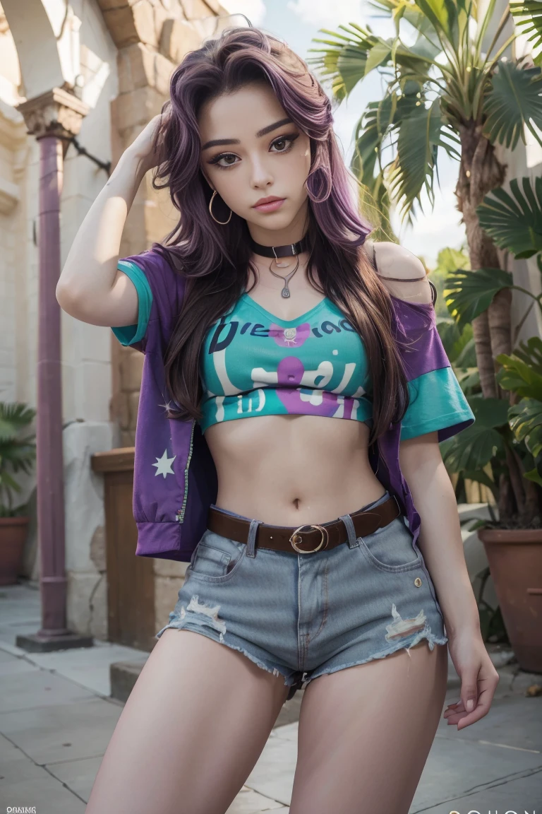 Chica  con el pelo largo color morado y mechas color turquesa  , hermosa mujer adolesente, Hermosa mujer , Foto de una adolesente hermosa , linda sonrisa  ,lindo maquillaje , sombra de ojos morada   , hermosa chica adolesente , 18 year old  , lindo maquillaje , small nose ,pecas en mejillas y nariz, labios rojos  , sexy, hermoso cuerpo de nuker adolesente , fondo variado  , outfit grunge , viste camiseta purpura de manga corta tiene imagen de calavera ,cinturon blanco , falda color lila con imagenes de cuadros , botas largas con tacon , She also wears a whistle around her neck , foto de cuerpo completo , posa para foto de cuerpo completo , mlp , mlp Starligh glimmert