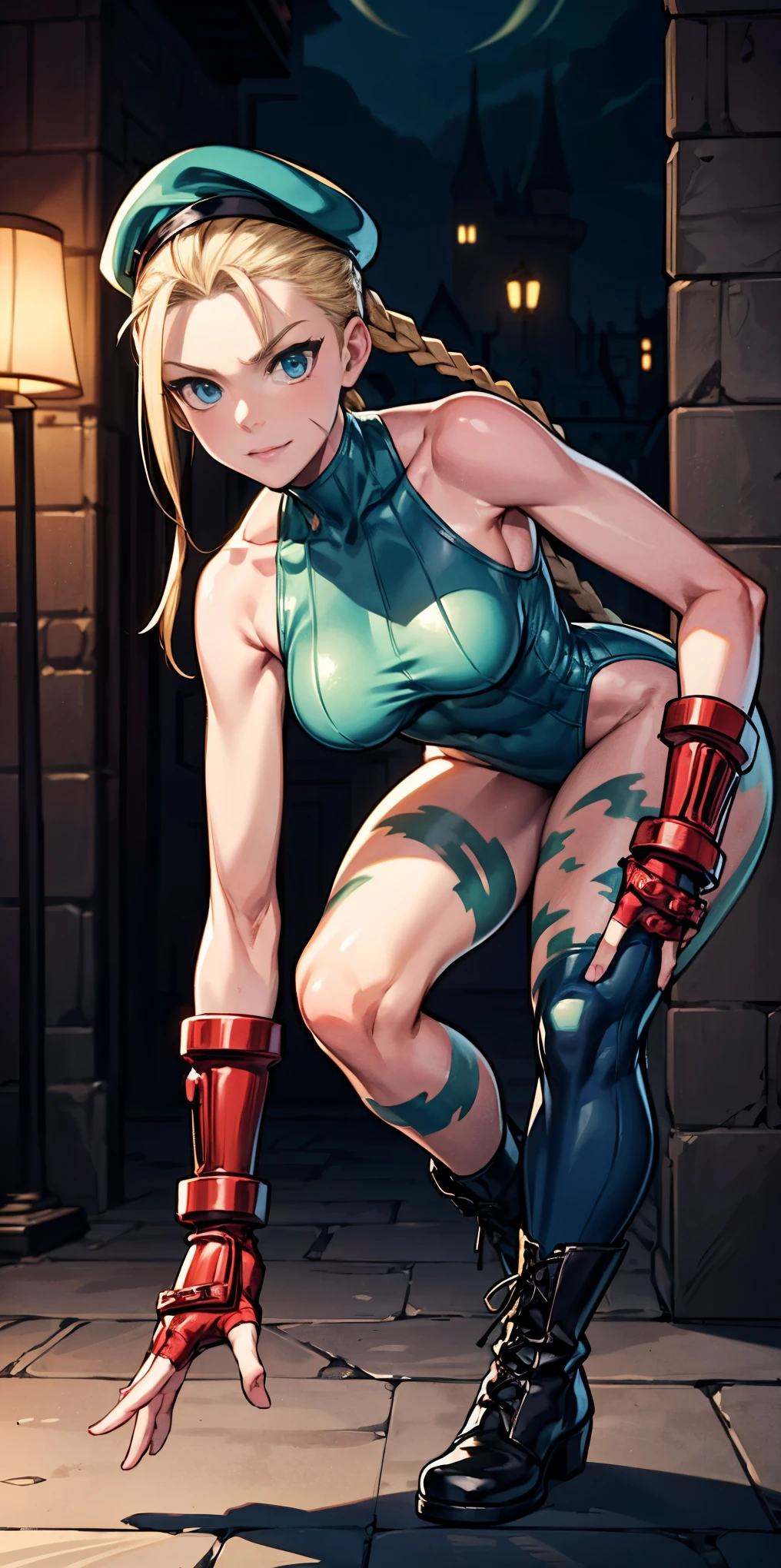"(exquisitely detailed CG unity 8k wallpaper, masterpiece best quality with stunning realism, high res) (best illumination, best shadow) (elegant and demonic style:1.2) Arti modern anime, angled view, heroic pose, closeup full body portrait of stunningly beautiful mature cammy from street fighter, Cammy white, 2twins braids, long hair, blonde hair, antenna hair, beret, (red headwear:1.3), blue eyes, scar on cheek, green tight leotard, large breasts, sleeveless, red gloves, fingerless gloves, camouflage, hard, large ass, abs, a little muscular, revealing, depth of field blur effect, night, full zoom, action portrait, photorealistic. cinematic lighting, highly detailed. best quality, 4k, Better hand, perfect anatomy, leaning forward, foreshortening effects, coy flirty sexy expression, foreshortening effect (piercing eyes:0.8) surrounded by an ominous and dark atmosphere, accentuated by dramatic and striking lighting, imbued with a sense of surreal fantasy" (patting a small cat:1.5) wearing laced military boots:1.5) (inside an extravagant British castle at night:1.5) (happy and smiling:1) (crouching down:1)