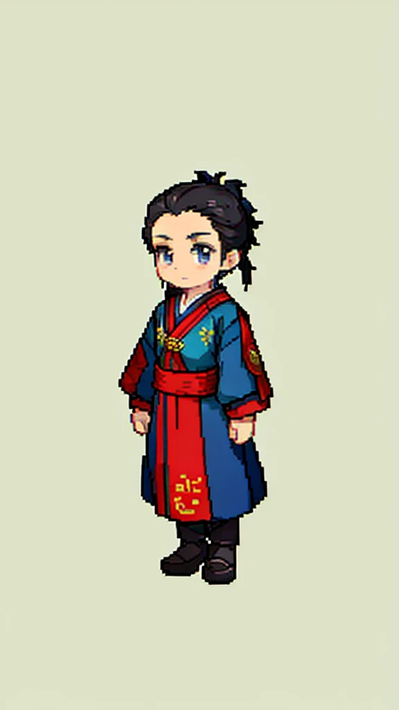 Old man in ancient Chinese costume、Wise Old Man、Looking into the camera、There is a topknot on the head、Long sleeve、Hanfu、Black Hair、Standing and posing with arms crossed、part your bangs in the middle、Pixel art、(masterpiece, highest quality, highest quality), pixel,pixel art,whole body,Characters in Romance of the Three Kingdoms、Transform、beard、Short Deformation