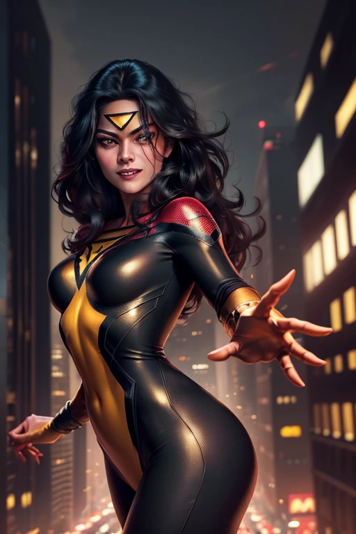 (ultra-detailed,highres,realistic:1.2),Spider-woman,red-gold-black suit,sharp focus,dynamic pose,wisecracking smile,glowing eyes,webbed pattern textures,city skyline background,night scene,vivid colors,dramatic lighting,comic book style