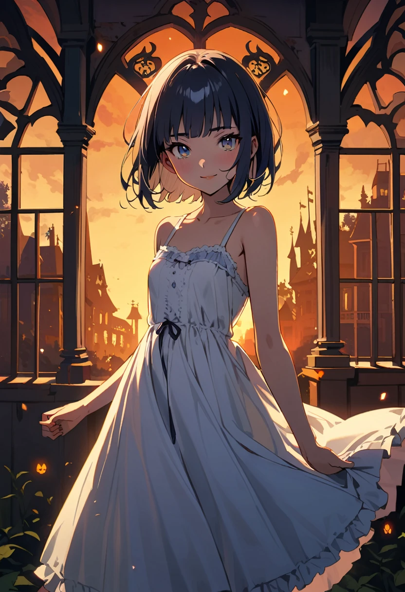 (haunted Mansion),(girl beckoning in front of the mansion),sundress,Sandals,boogie smile,Spooky atmosphere,evening, BREAK 16yo,beautiful detailed face,(navy hair-color),(wavy-short hair),parallel eyebrows,navy eyes with large irises,blunt bangs,small nose, fresh lips,small breasts,(5feet tall)),