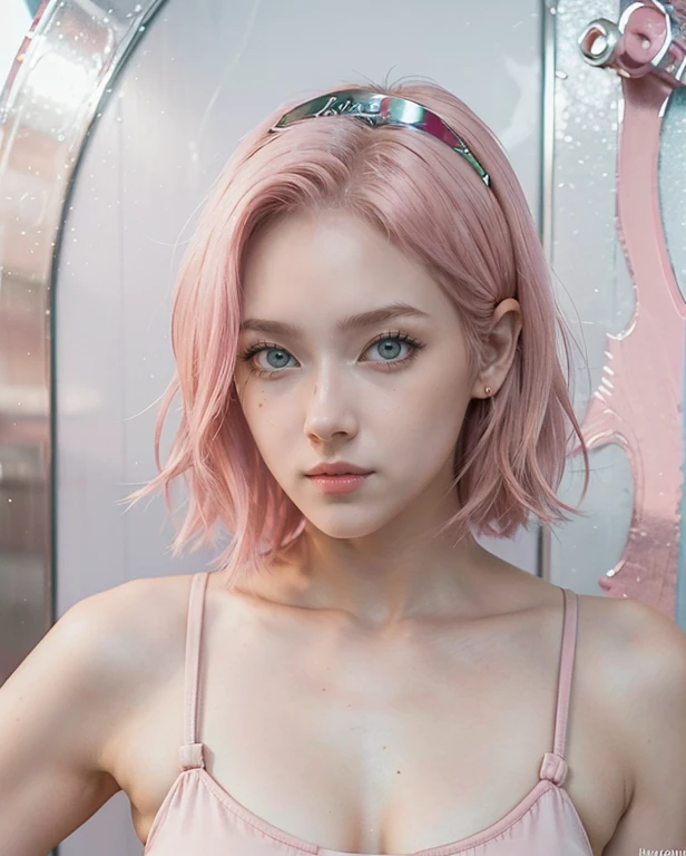 young woman, short shoulder-length pink hair, wide forehead, porcelain skin, pink eyebrows, big emerald green eyes, buttoned nose, full lips, heart-shaped face, slender body, small breasts, red tank top, Sakura Haruno , realistic, realism, details, 3d, well detailed
