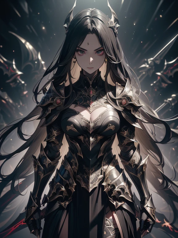 Design a layout showcase Gaming character, (1girl). Black+Gold clothes, opulent and dark, ((showcase weapon:1.4)), cursed blade, (masterpiece:1.2), (best quality), 4k, ultra-detailed, (Step by step design, layout art:1.5), (gloomy lighting, cursed atmosphere), dark knight, ((cursed gloves)), (((revealing armor:1.3))), dark vambraces, cursed boots, (((full_body_shot:1.4)))