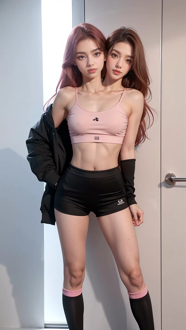 best resolution, conjoined twins, conjoined dicephalus, 2 heads, Australian model girl two heads, 19 years old, youthful, wearing a pink bra top and black leggings holding a cell phone, fit pic, 19 years old female model, sporty, fit dainty figure, cute sportswear, instagram model, some pink, looking hot, toned, 19 years old, pink body, bralette, fit girl, blonde hair, red hair, black hair, different hair colors, full-body view, full body shot