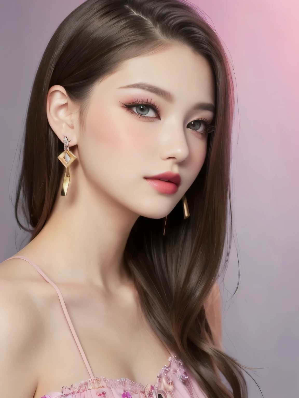 beautiful girl, Brown_eye, ((Beautiful and slim 18 year old girl, hair color [Brown highlights hair], [Undercut Pixie] hair)), Earrings, lips, Realistic, Tight waist, Charm, pink lipstick, Colorful Makeup, Long eyelashes, Earrings, Applying eyeliner, Fair skin, (cute), (Detailed face), detailed eye, Detailed Iris