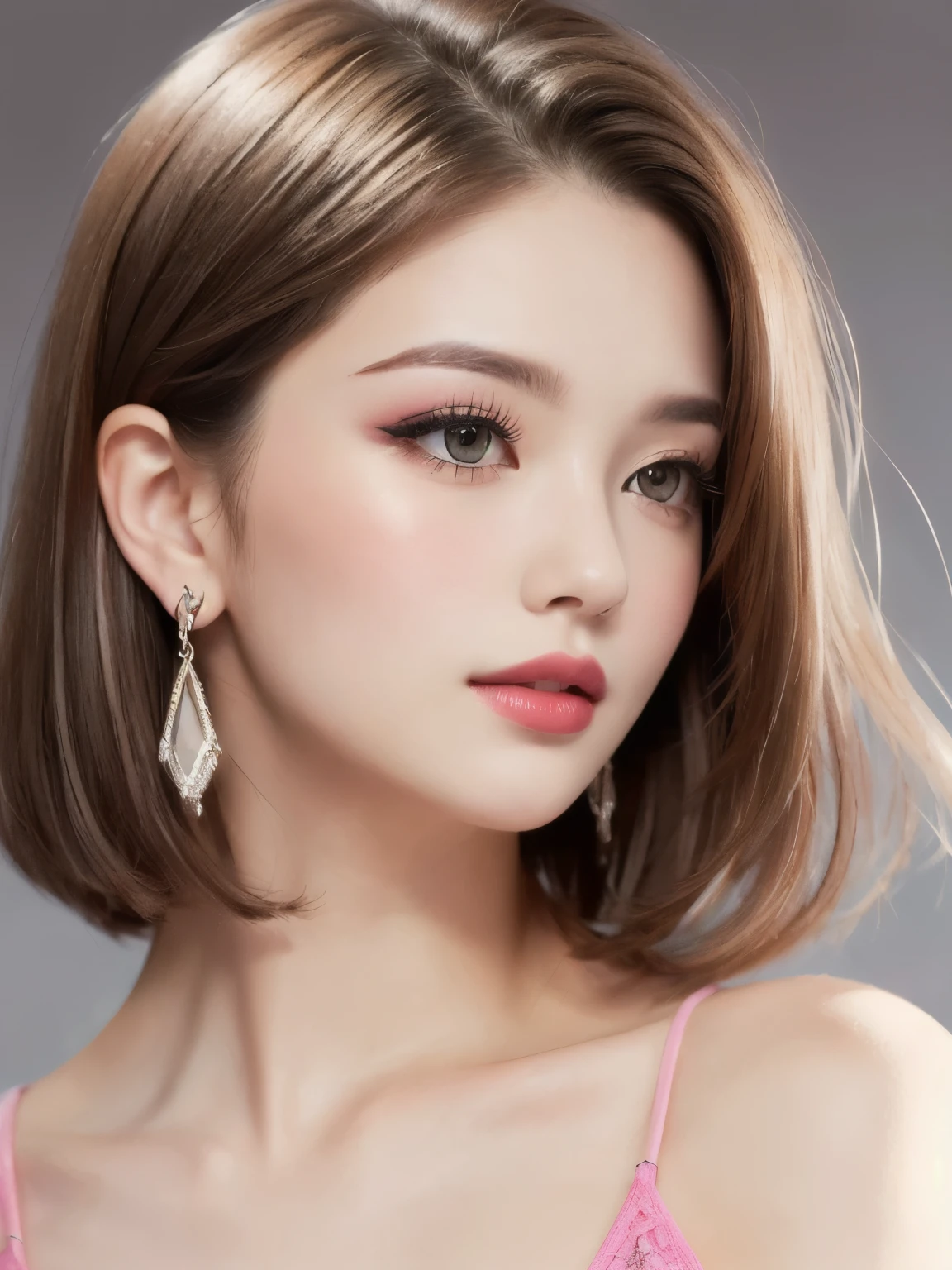 beautiful girl, Brown_eye, ((Beautiful and slim 18 year old girl, hair color [Brown highlights hair], [Undercut Pixie] hair)), Earrings, lips, Realistic, Tight waist, Charm, pink lipstick, Colorful Makeup, Long eyelashes, Earrings, Applying eyeliner, Fair skin, (cute), (Detailed face), detailed eye, Detailed Iris