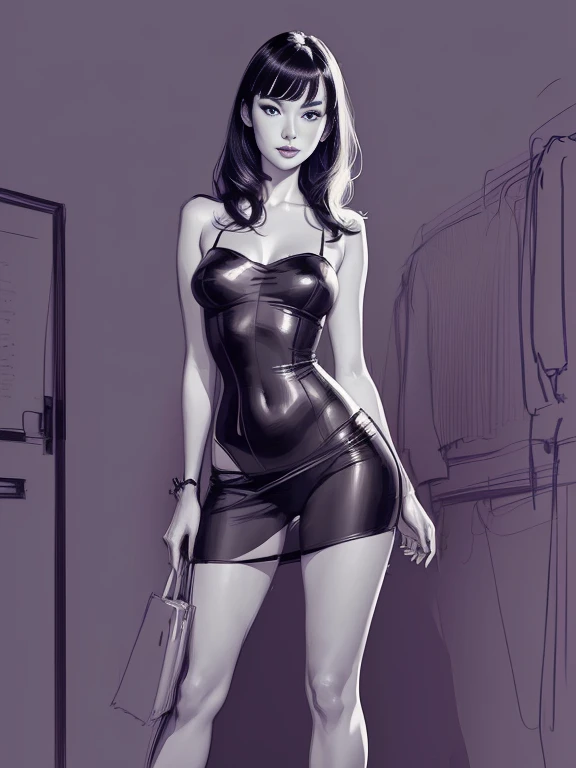 Uma imagem de uma cativante estrela do filme noir, envolta em um vestido elegante, sitting in a dimly lit bar reminiscent of classic Hollywood movies. The black-and-white image exudes the timeless allure of 1940s cinema, with its dramatic lighting and aura of vintage glamour. --auto --s2