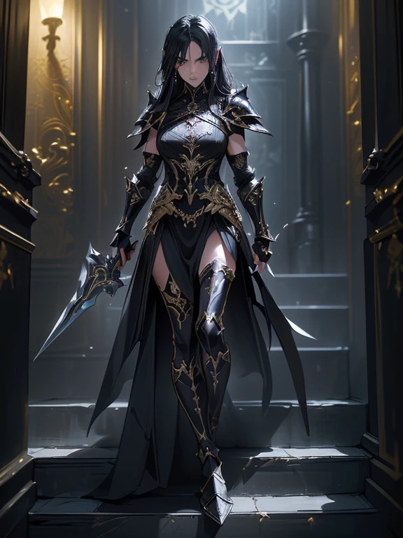 Design a layout showcase Gaming character, (1girl). Black+Gold clothes, opulent and dark, ((showcase weapon:1.4)), cursed blade, (masterpiece:1.2), (best quality), 4k, ultra-detailed, (Step by step design, layout art:1.5), (gloomy lighting, cursed atmosphere), dark knight, ((cursed gloves)), (((revealing armor:1.3))), dark vambraces, cursed boots, (((full_body_shot:1.4)))