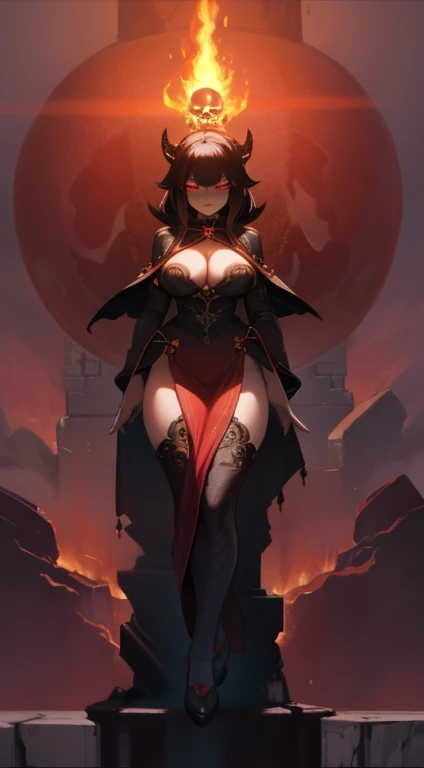 Woman body set large breasts(best quality, highres, ice skull:1.1), A girl with a body made of lava, featuring a Dracula Orchid pattern. (best quality, ultra-detailed), (realistic), vibrant colors, intense lighting, lava-like texture, hauntingly beautiful composition, surreal atmosphere, contrasting dark shadows, mesmerizing glow, detailed facial features, flowing lava tendrils, fiery eyes, ethereal presence, intricate floral patterns, mysterious aura."