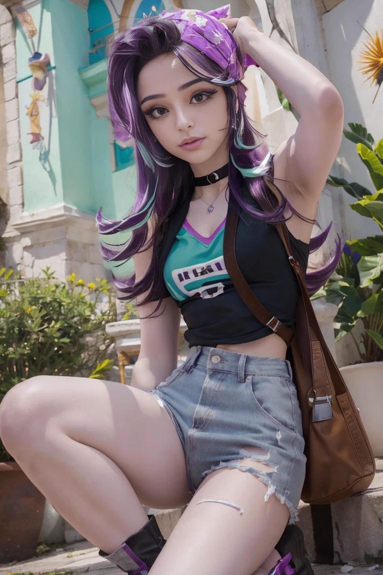 Chica  con el pelo largo color morado y mechas color turquesa  , hermosa mujer adolesente, Hermosa mujer , Foto de una adolesente hermosa , linda sonrisa  ,lindo maquillaje , sombra de ojos morada   , hermosa chica adolesente , 18 year old  , lindo maquillaje , small nose ,pecas en mejillas y nariz, labios rojos  , sexy, hermoso cuerpo de nuker adolesente , fondo variado  , outfit grunge , viste camiseta purpura de manga corta tiene imagen de calavera ,cinturon blanco , falda color lila con imagenes de cuadros , botas largas con tacon , She also wears a whistle around her neck , foto de cuerpo completo , posa para foto de cuerpo completo , mlp , mlp Starligh glimmert