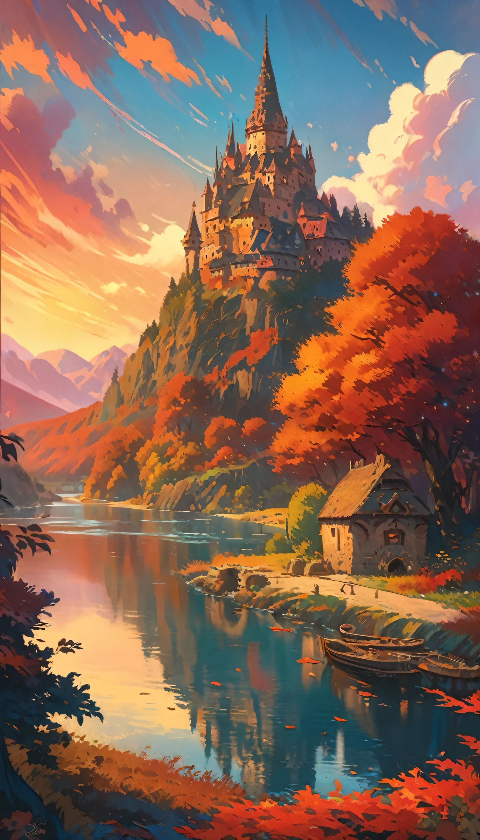 the tower between the mountains, river with reflections, sunset, serene nature, autumn, the environment full of dry leaves that fly with the wind, bright colors, castle,oil painted, ghibli style, (best quality,4k,8k,highres,masterpiece:1.2),ultra-detailed,ghibli style),intricate details,vivid colors,sharp focus,professional, oil touch of surrealism,oil painting style, fantasy elements,texture,layered composition, (((Ghibli style))), Spirited Away, Howl's Moving Castle, dreamy colour palette,