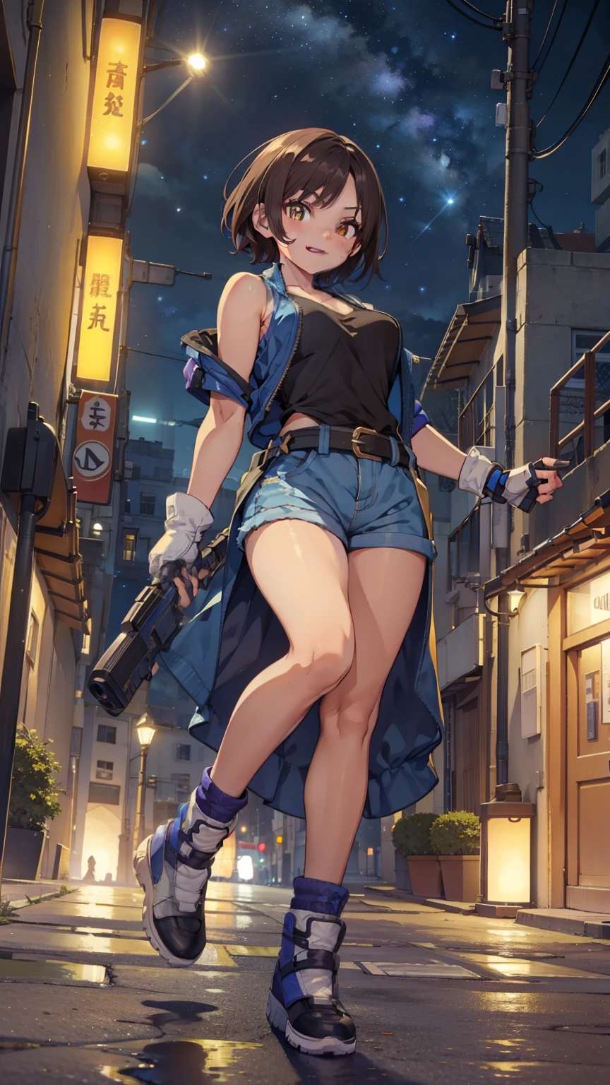 street dancer,  short hair, brown hair, yellow glowing eyes, perfect lips,big smile , confident smile,cute expression, cute face, cute pose, fingerless gloves, gun, tank top, jacket, cute pose, ultra detailed face, long eyelashes, sharp eyes , Fullbody shot, dinamic viewer, night sky 