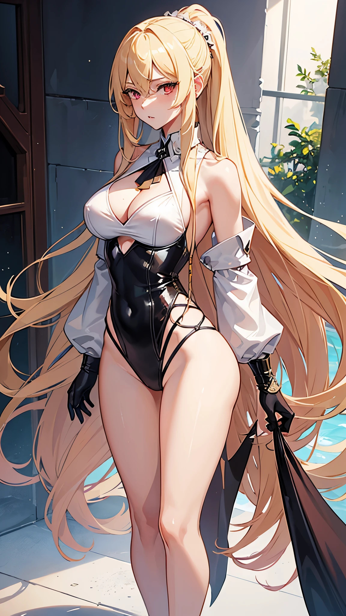 1girl, masterpiece, high resolution, extremely detailed, very long blonde hair, bright red eyes, slender figure, extremely sexy, defined jawline, sharp eyes, sharp face, sexy, wide hips, busty, wearing white shirt, black shorts, very sexy, too sexy, plain clothes, very hot, thick legs, slim