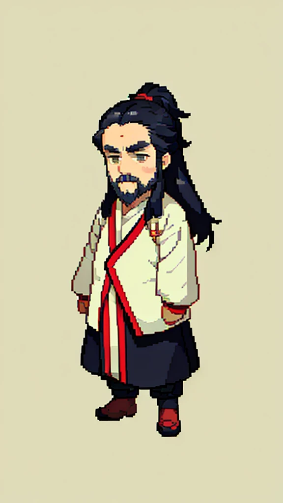 Old man in ancient Chinese costume、Wise Old Man、Looking into the camera、There is a topknot on the head、Long sleeve、Hanfu、Black Hair、Standing and posing with arms crossed、part your bangs in the middle、Pixel art、(masterpiece, highest quality, highest quality), pixel,pixel art,whole body,Characters in Romance of the Three Kingdoms、Transform、beard、Short Deformation