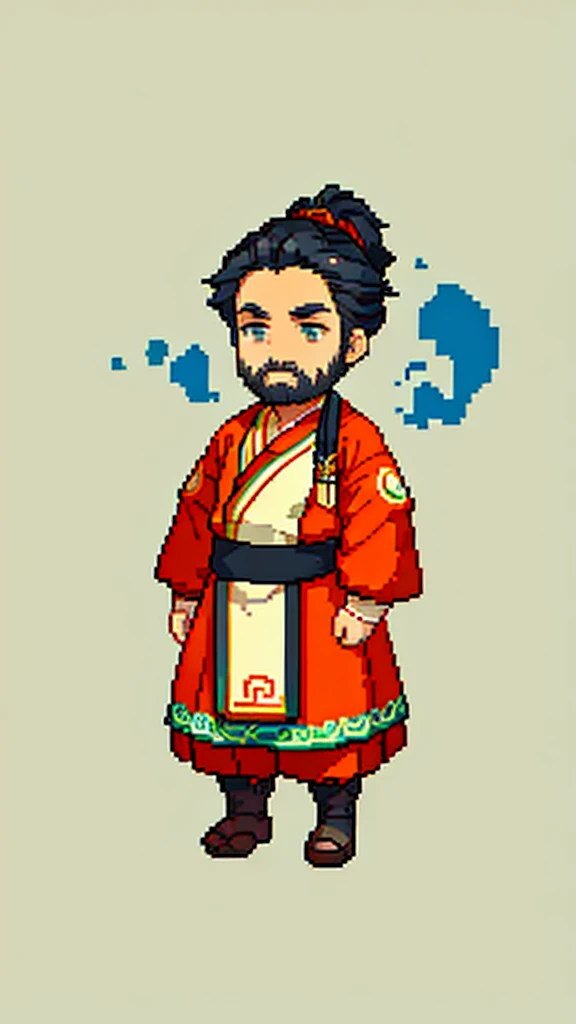 Old man in ancient Chinese costume、Wise Old Man、Looking into the camera、There is a topknot on the head、Long sleeve、Hanfu、Black Hair、Standing and posing with arms crossed、part your bangs in the middle、Pixel art、(masterpiece, highest quality, highest quality), pixel,pixel art,whole body,Characters in Romance of the Three Kingdoms、Transform、beard、Short Deformation