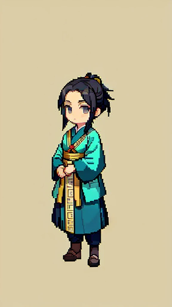 Old man in ancient Chinese costume、Wise Old Man、Looking into the camera、There is a topknot on the head、Long sleeve、Hanfu、Black Hair、Standing and posing with arms crossed、part your bangs in the middle、Pixel art、(masterpiece, highest quality, highest quality), pixel,pixel art,whole body,Characters in Romance of the Three Kingdoms、Transform、beard、Short Deformation