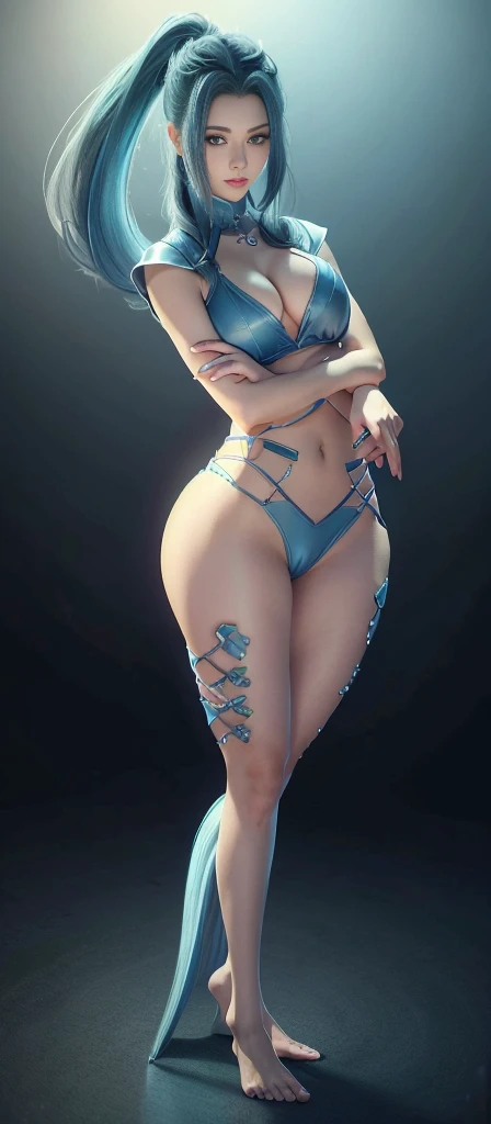 Blue Hair Surrealism, Character table, Reference Table, Standing painting, 8k, Super Detail, 1080P, Women HD, 4K, 8k, 16k, high resolution, best quality, high quality, Anatomically correct, masterpiece, precise, Ultra HD,grace,Unreal Engine,Delicate face,Long braids,slim,Long legs,miniskirt