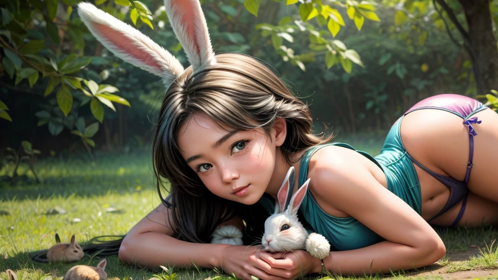Girl with rabbit ears、Playing with rabbits