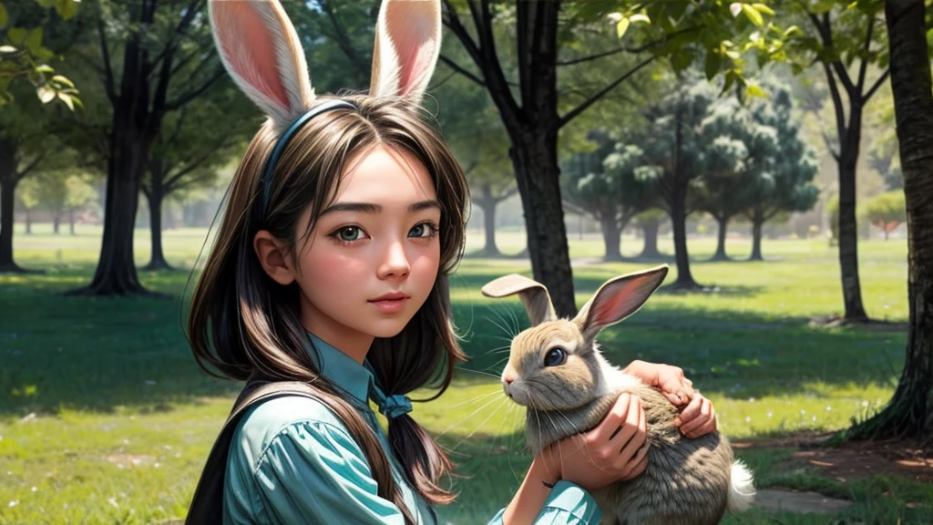 Girl with rabbit ears、Playing with rabbits