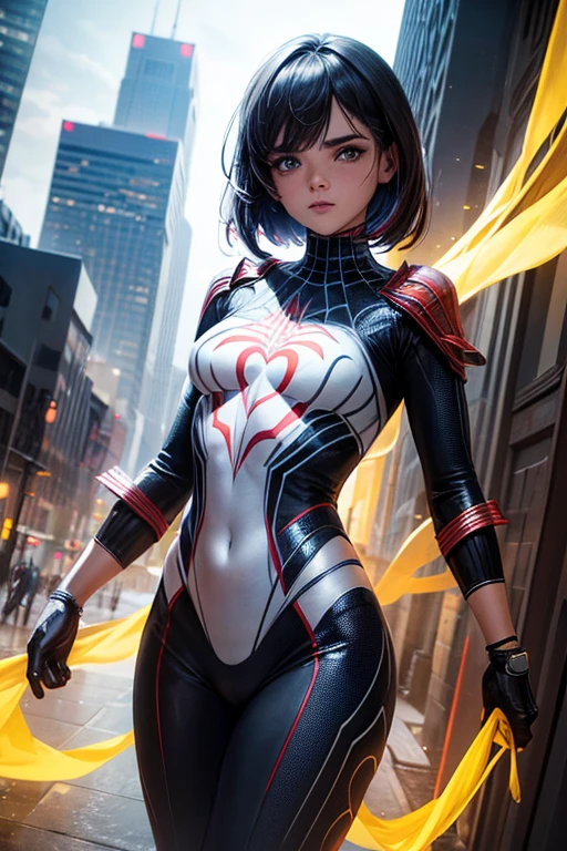 (1 chica:1.3), Solo, (((Very cara detallada)))), ((Ojos y rostro muy detallados.)))), hermosos detalles ojos, Partes del cuerpo__, arte oficial, fondo de pantalla unificado 8k, Super detailed, Hermoso and Hermoso, Hermoso, obra maestra, mejor calidad, original, obra maestra, super fine photo, mejor calidad, super high resolution, realismo realista, luz de sol, Retrato de cuerpo entero, belleza extraordinaria, dynamic pose, cara delicada, ojos vibrantes, (desde el frente), Lleva un traje de Spider-Man., red and black color combination, spider, fondo muy detallado del techo de la ciudad, Techo, con vistas a la ciudad, cara detallada, fondo ocupado complejo detallado, desordenado, gorgeous, blanco lechoso, piel muy detallada, detalles de piel realistas, visible pores, Enfoque claro, volumetric fog, 8k UHD, DSLR, Alta calidad, film grain, Piel blanca, photographic realism, lomography, Futuristic dystopian megalopolis, translucent