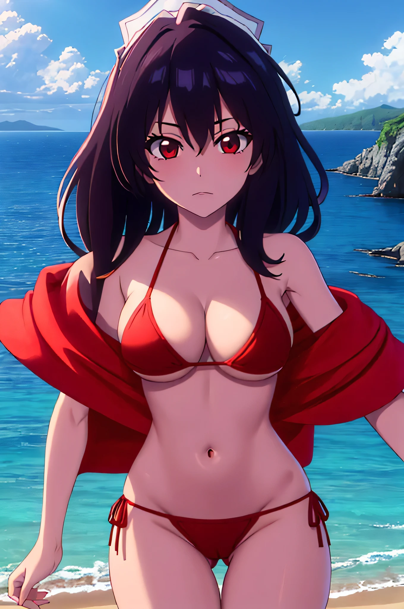 bambietta, masterpiece, detailed, intricate details, looking at viewer, masterpiece, 1girl, HDR, UHD, 4K, ocean, island, outdoors, bright sky, sunny, clear sky, red bikini, two piece bikini, thong panties, red thong, bare shoulders, cleavage, skinny, slim waist, slim stomach, slim, underboob, nice thighs, nice ass, skinny, cameltoe, showing ass, ass spread, full frame, upper body in frame, cowboy shot, portrait, close portrait,