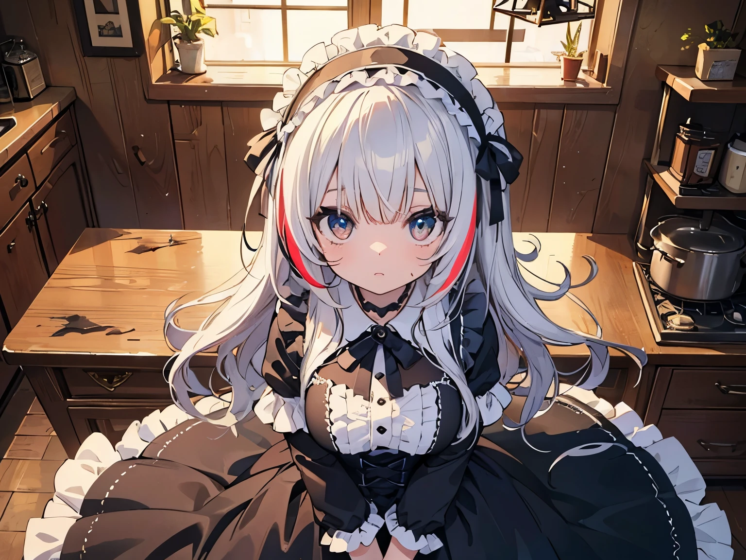 ((streaked hair, messy hair, big hair)), ((expressive hair)), lolita hairband, cinematic lighting, bust chart, first-person view, UHD, (((masterpiece, textured skin))), (super detail), high details, high quality, ((best quality)), 16k, Gothic Lolita costume, upturned eyes, cute girl, dress with frills, mansion, indoors, kitchen, from above