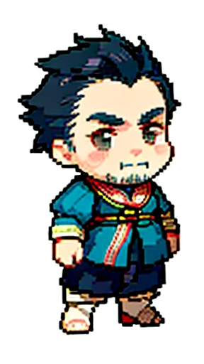 Old man in ancient Chinese costume、Wise Old Man、Looking into the camera、There is a short topknot on the head、Long sleeve、Hanfu、Black Hair、Standing and posing with arms crossed、part your bangs in the middle、Pixel art、(masterpiece, highest quality, highest quality), pixel,pixel art,whole body,Characters in Romance of the Three Kingdoms、Transform、beard、Short Deformation