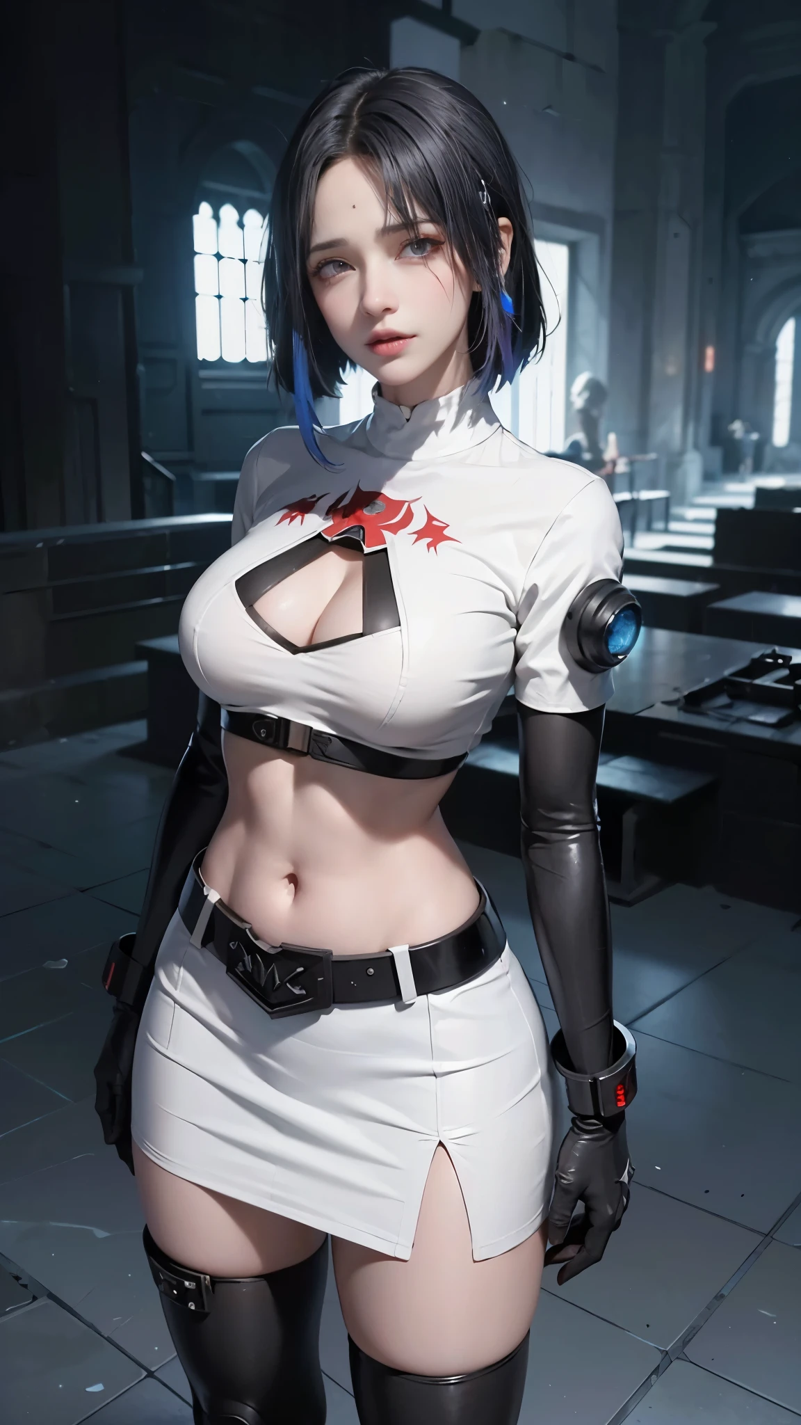 (La mejor calidad,A high resolution,Ultra - detallado,actual),team rocket,(cabello red corto :1.4) (team rocket uniform:1.4) , red letter R, (white skirt:1.4) ,(white crop top:1.4) ,black thigh-highs, (black elbow gloves:1.4) ,,(Fondo de ruinas de mazmorra en ruinas cyberpunk :1.4 ), (Team Rocket Uniform:1.4), (Team Rocket Uniform V2.1), More detailed 8K.motor irreal:1.4,UHD,La mejor calidad:1.4, fotorrealista:1.4, textura de la piel:1.4, obra maestra:1.8,obra-prima, mejor calidad,objeto Objeto], (detailed face features:1.3),(Las proporciones correctas),(Ojos hermosos azules),  (dynamic cowboy pose), (perfect anatomy :1.4), (colores brillantes), ,(Fondo de ruinas de mazmorra en ruinas piedras grandes cyberpunk :1.4 )