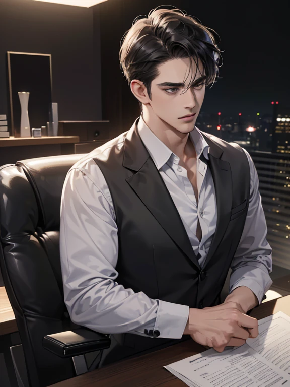 (best quality, masterpiece, 8K, photorealistic, cinematic lighting, hdr image, ultra detailed, beautiful image), 1 man, 31 years old, mature man, very handsome, (without expression, serious), short black hair, black eyes ( penetrating gaze), imposing posture, businessman, office background