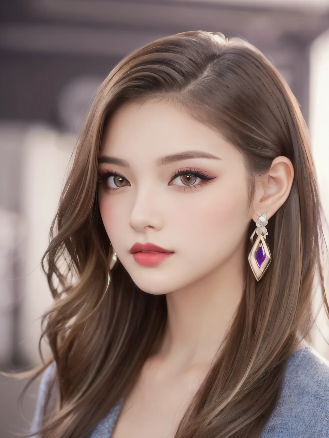 beautiful girl, Brown_eye, ((Beautiful and slim 18 year old girl, hair color [Brown highlights hair], [Undercut Pixie] hair)), Earrings, lips, Realistic, Tight waist, Charm, pink lipstick, Colorful Makeup, Long eyelashes, Earrings, Applying eyeliner, Fair skin, (cute), (Detailed face), detailed eye, Detailed Iris