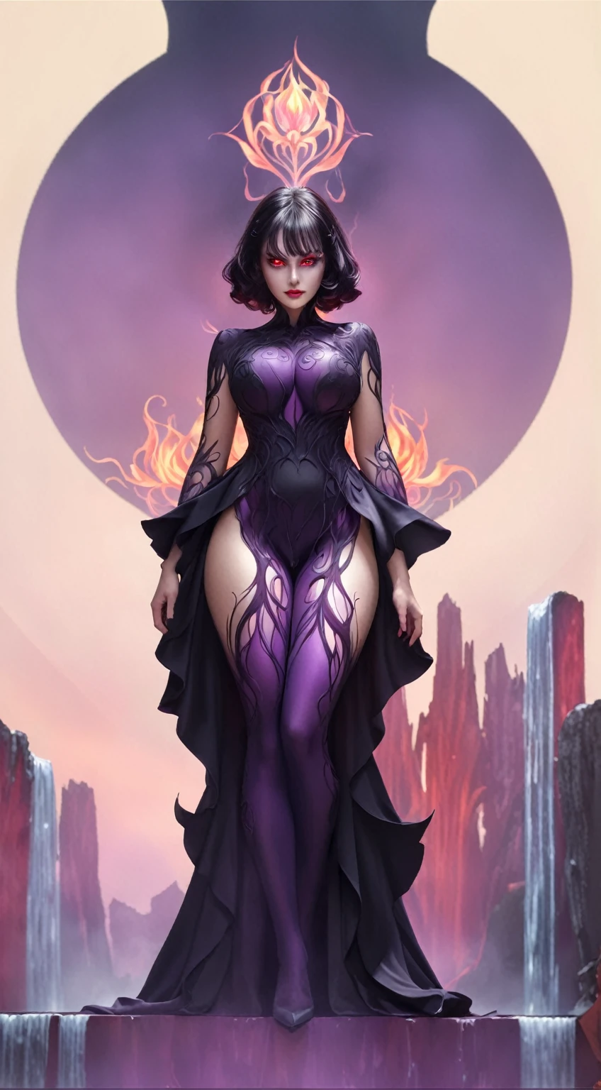Woman body set large breasts(best quality, highres, ice skull:1.1), A girl with a body made of lava, featuring a Dracula Orchid pattern. (best quality, ultra-detailed), (realistic), vibrant colors, intense lighting, lava-like texture, hauntingly beautiful composition, surreal atmosphere, contrasting dark shadows, mesmerizing glow, detailed facial features, flowing lava tendrils, fiery eyes, ethereal presence, intricate floral patterns, mysterious aura."