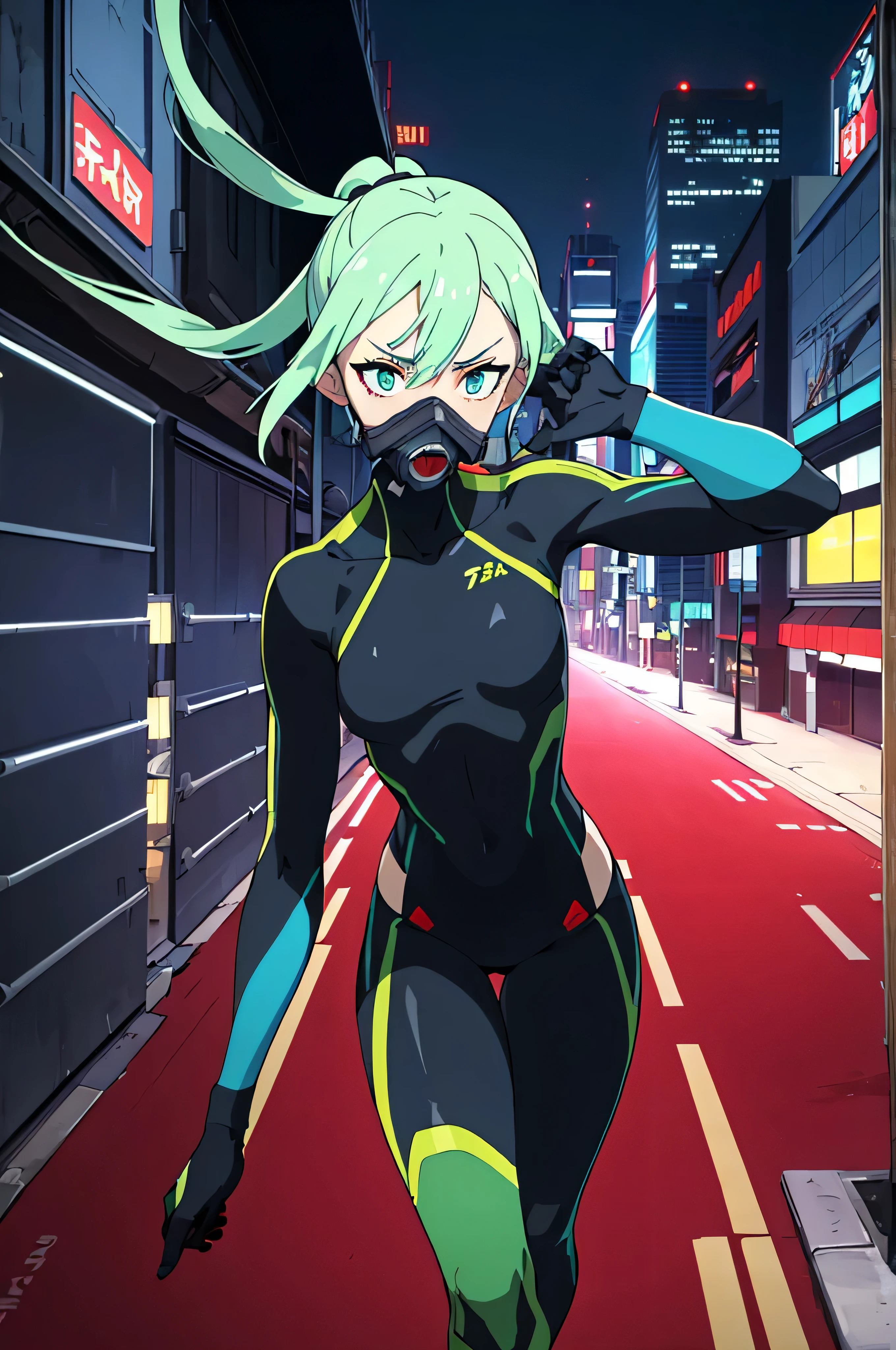 (masterpiece, high quality:1.5), (cyberpunk, flat colors:1.05), distant side view, full body, a scared 1girl, light green ponytail hair, sexy, running through the dark alley, (colored skin, aquamarine skin:1.1), gas mask, sentai suit, beautiful detailed face and eyes, dynamic pose, dynamic angle, wind tracks, athletic body, epic realistic night tokyo background, city lights, (hight contrast, vivid colors, film grain, chromatic abberation:1.1), intricate details